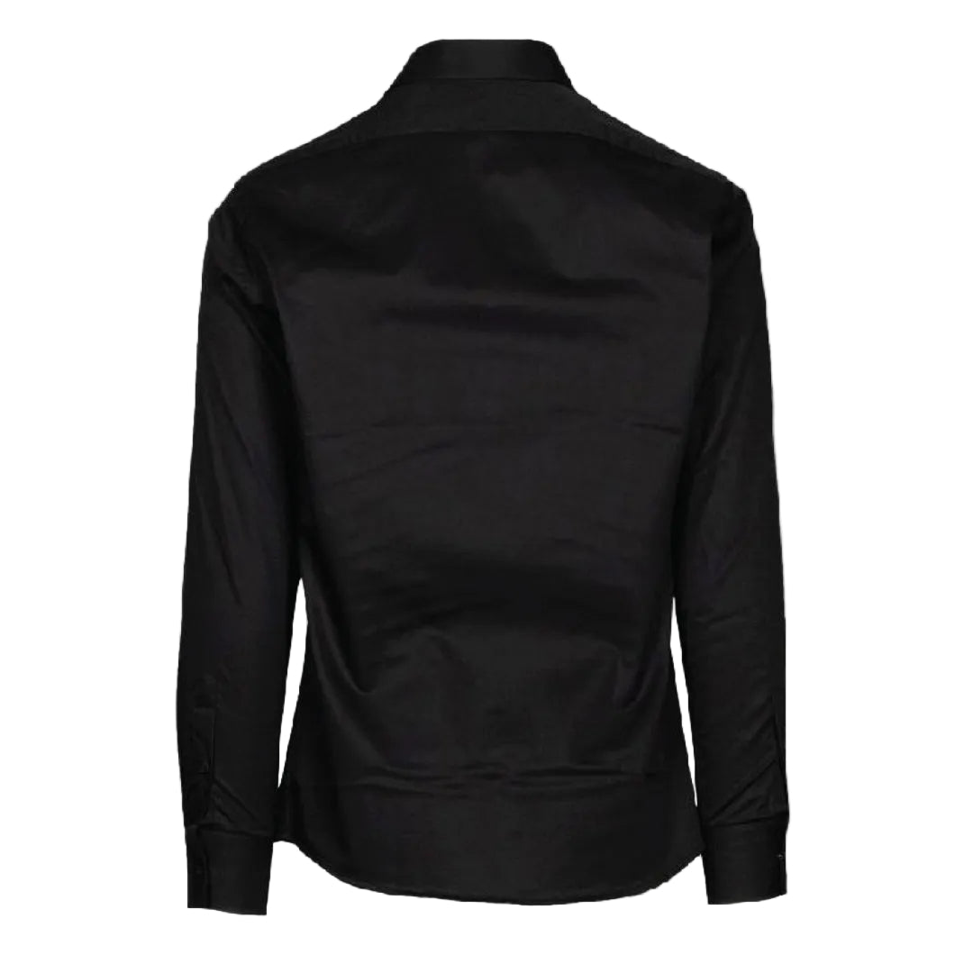 A studio shot of a crisp black long-sleeve Karl Lagerfeld dress shirt featuring sharp pointed collars, dark square  buttons, and a small black brand tab.
