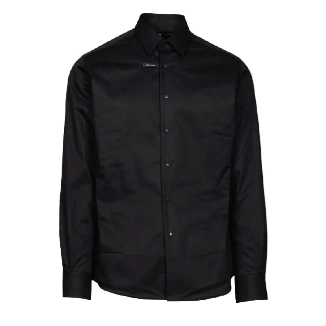 A studio shot of a crisp black long-sleeve Karl Lagerfeld dress shirt featuring sharp pointed collars, dark square buttons, and a small black brand tab.