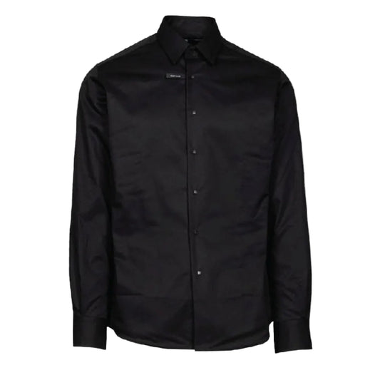 A studio shot of a crisp black long-sleeve Karl Lagerfeld dress shirt featuring sharp pointed collars, dark square buttons, and a small black brand tab.