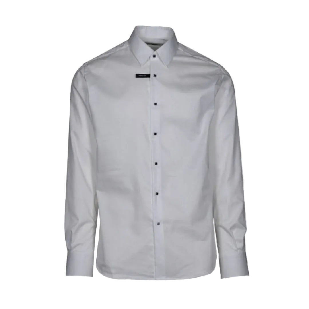 A studio shot of a crisp grey long-sleeve Karl Lagerfeld dress shirt featuring sharp pointed collars, dark square contrast buttons, and a small black brand tab.