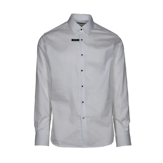A studio shot of a crisp grey long-sleeve Karl Lagerfeld dress shirt featuring sharp pointed collars, dark square contrast buttons, and a small black brand tab.