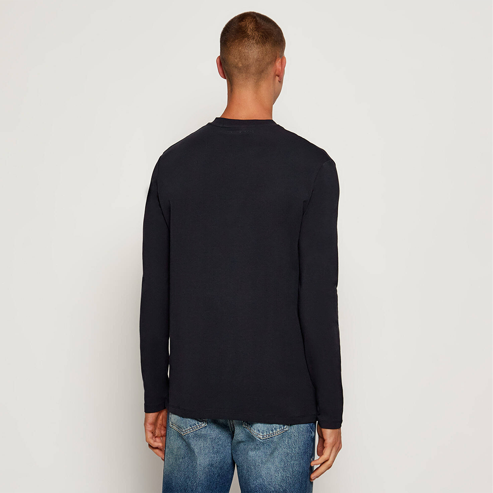 Man wearing Karl Lagerfeld black long sleeve V-neck shirt with embroidered logo, Kayagan online.