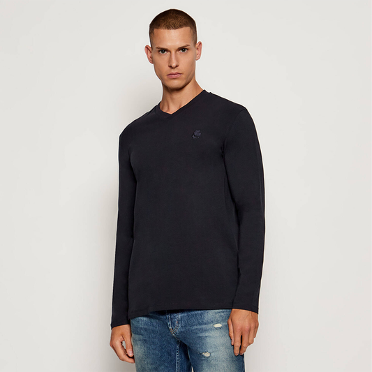 Man wearing Karl Lagerfeld black long sleeve V-neck shirt with embroidered logo, Kayagan online.