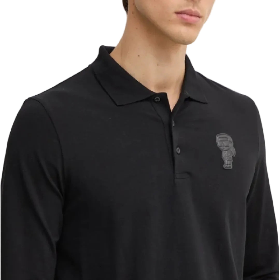 Karl Lagerfeld men's black long sleeve polo shirt with Iconic chest logo and classic collar