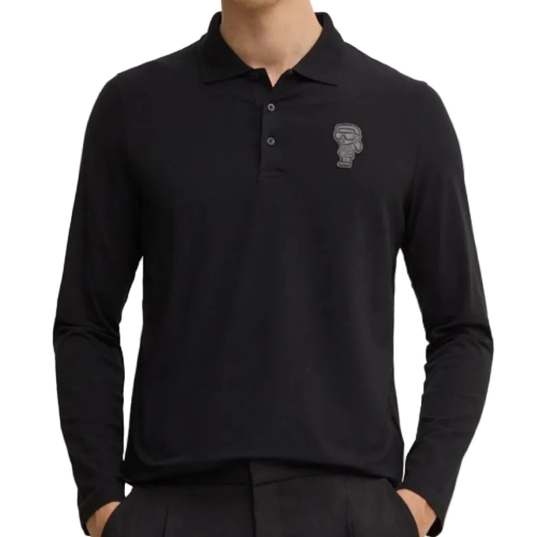Karl Lagerfeld men's black long sleeve polo shirt with Ikonik chest logo and classic collar