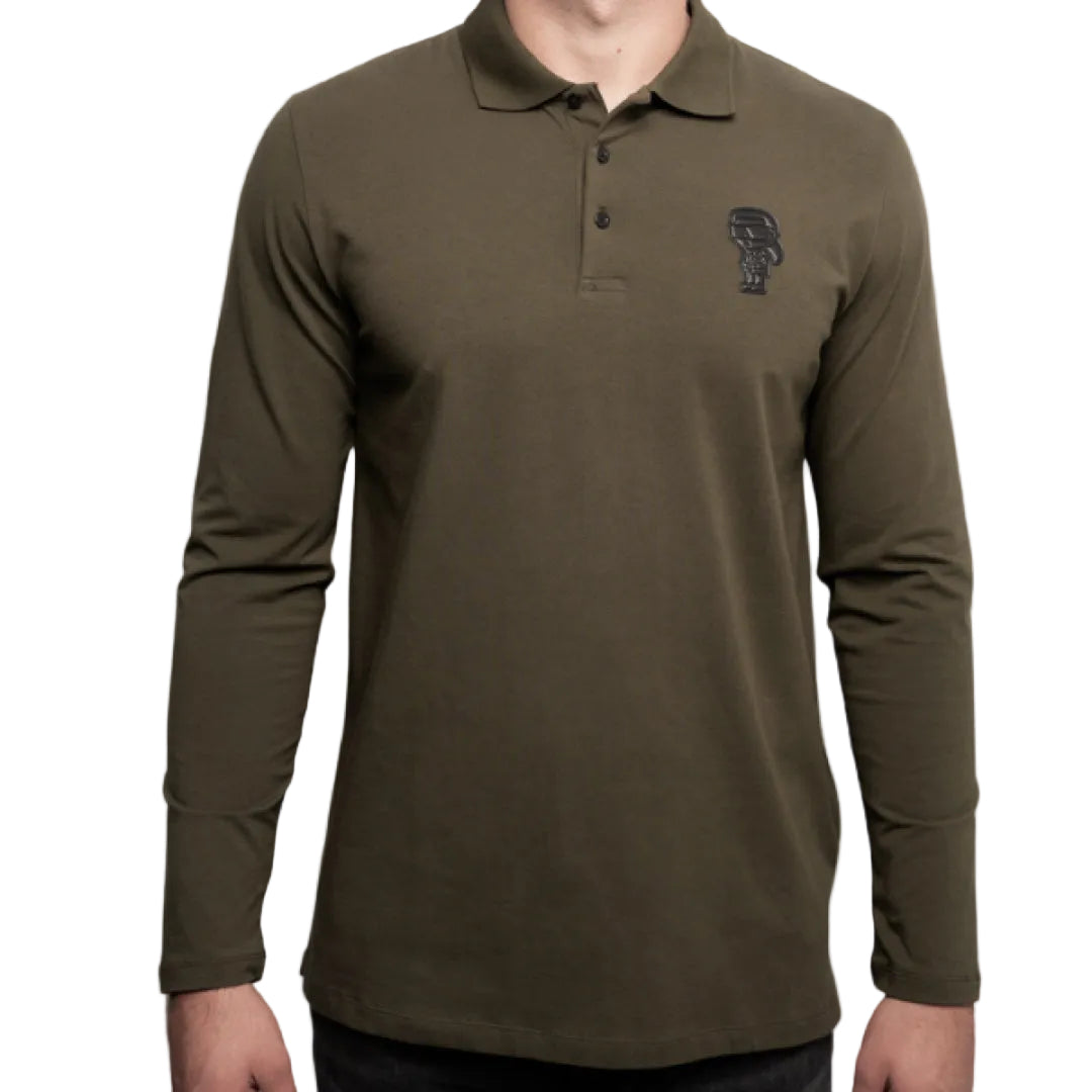 Karl Lagerfeld men's olive green long sleeve polo shirt with Iconic chest logo and classic collar