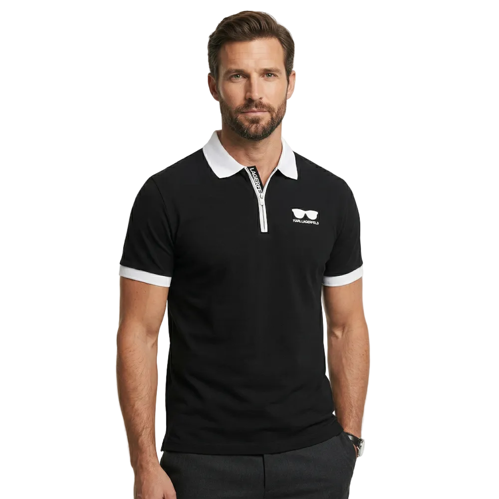 Karl Lagerfeld Men's Black Contrast Zip Polo Shirt with White Collar and Chest Logo