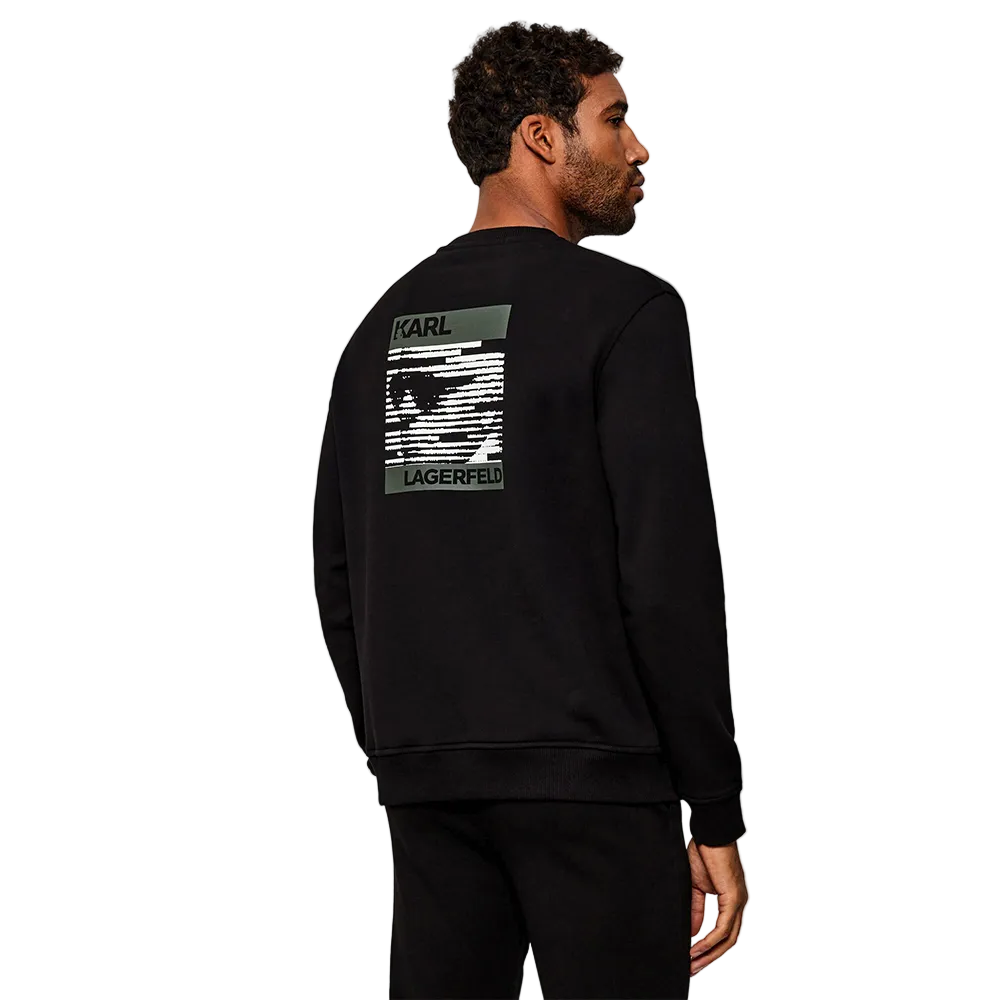 Karl Lagerfeld men's regular fit crewneck sweater featuring a small chest patch logo and large graphic print on the back.
