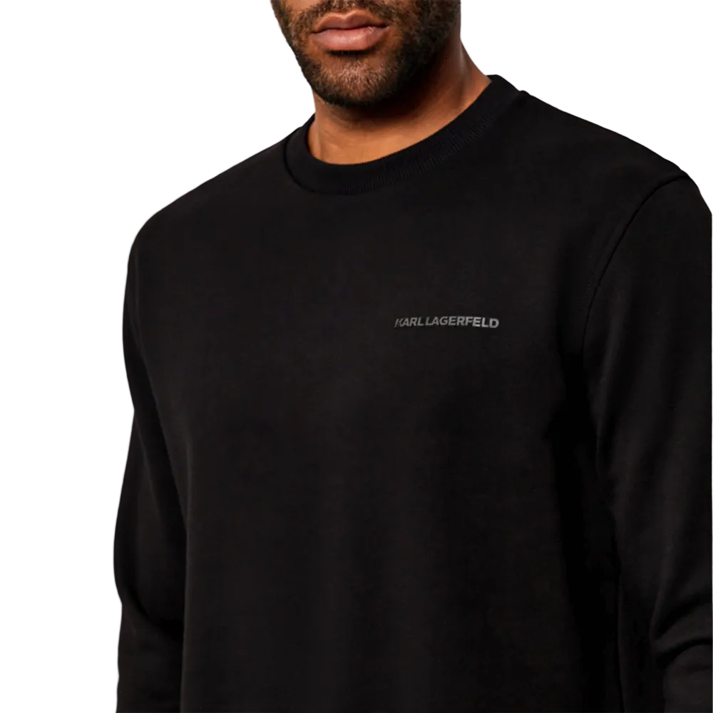 Karl Lagerfeld men's regular fit crewneck sweater featuring a small chest patch logo and large graphic print on the back.