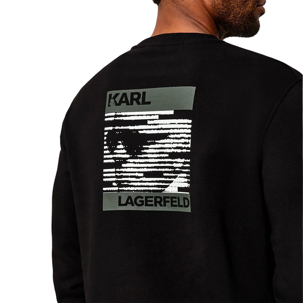 Karl Lagerfeld men's regular fit crewneck sweater featuring a small chest patch logo and large graphic print on the back.