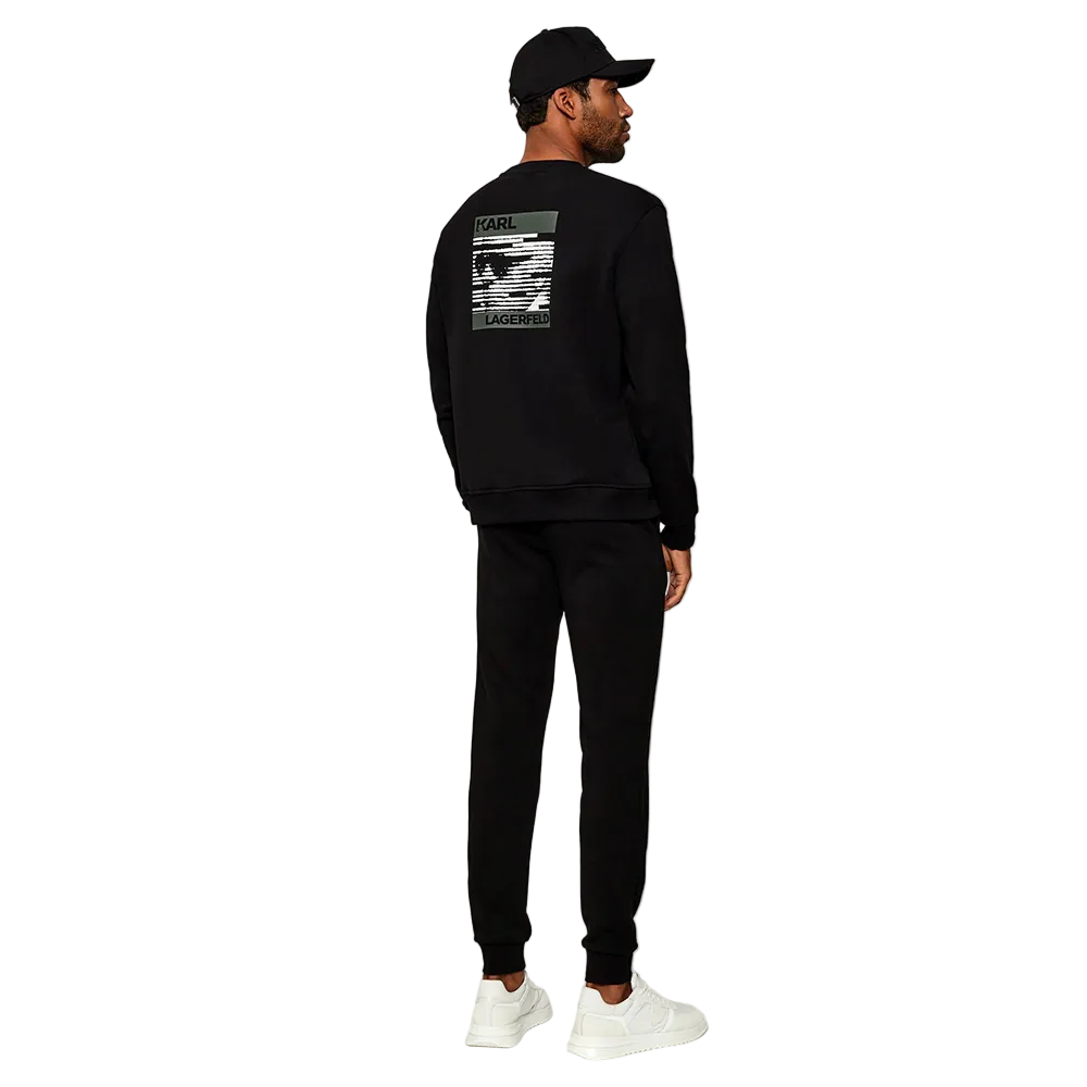 Karl Lagerfeld men's regular fit crewneck sweater featuring a small chest patch logo and large graphic print on the back.