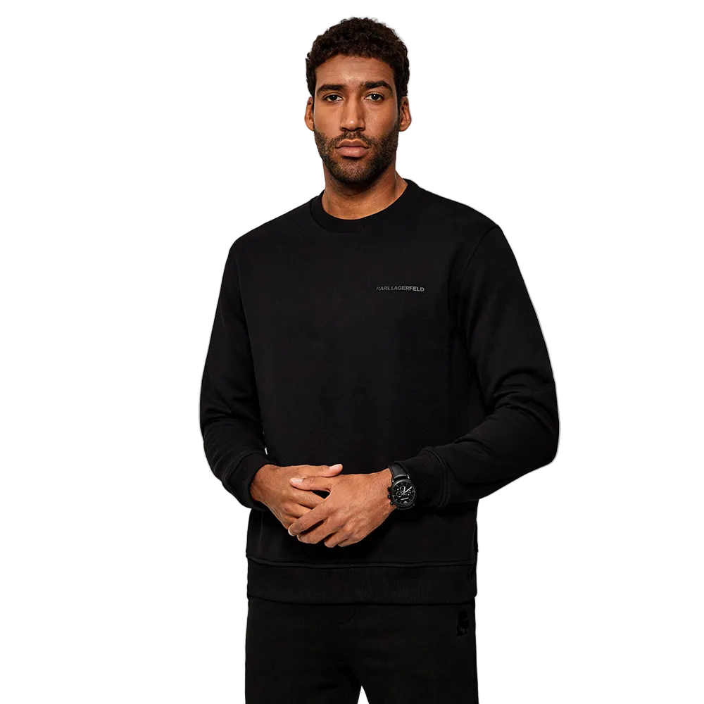 Karl Lagerfeld men's regular fit crewneck sweater featuring a small chest patch logo and large graphic print on the back.