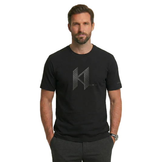 Karl Lagerfeld men's black crew regular fit print T-shirt with graphic print, short sleeves, and premium cotton fabric for casual wear.