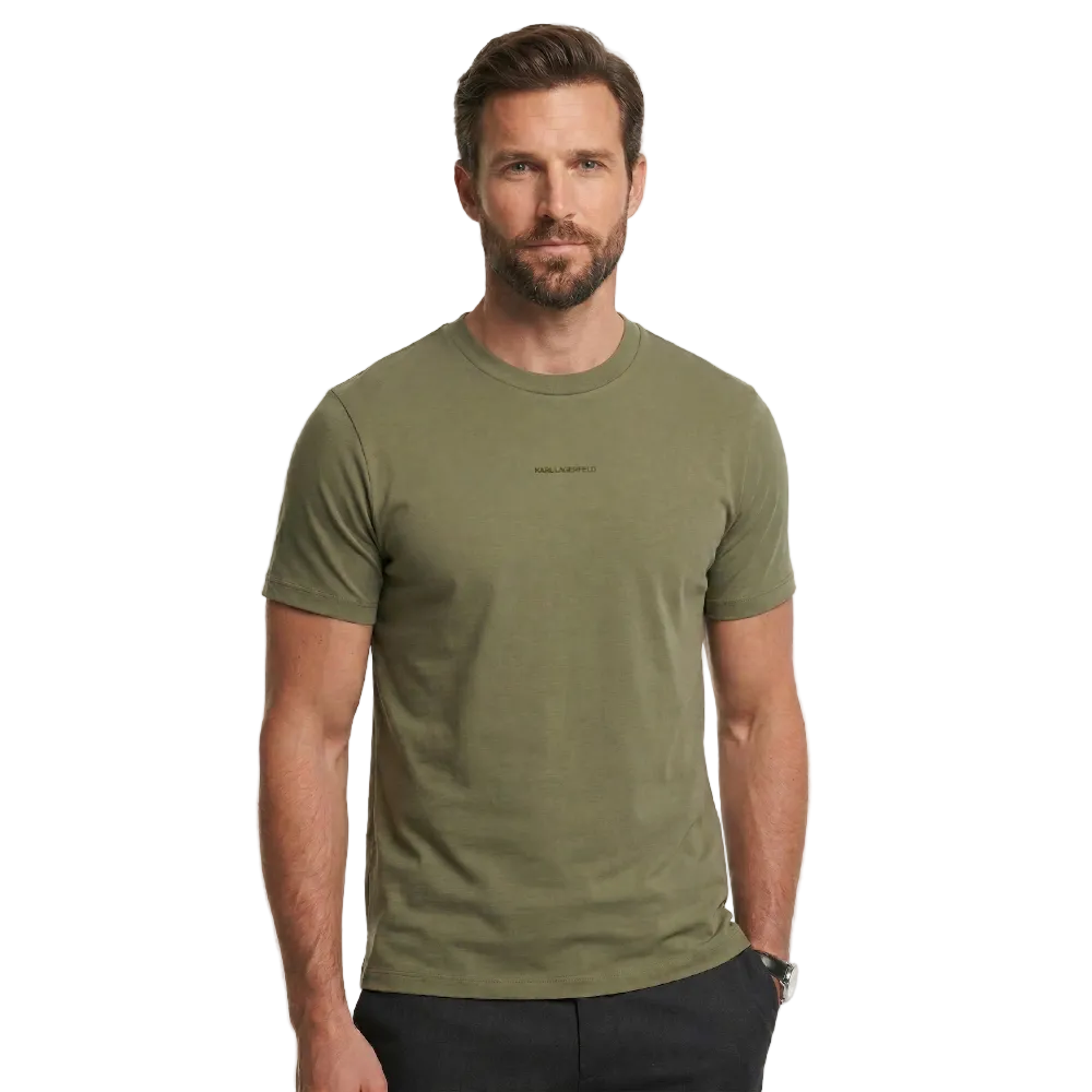 Karl Lagerfeld men's olive green label print regular fit T-shirt front view