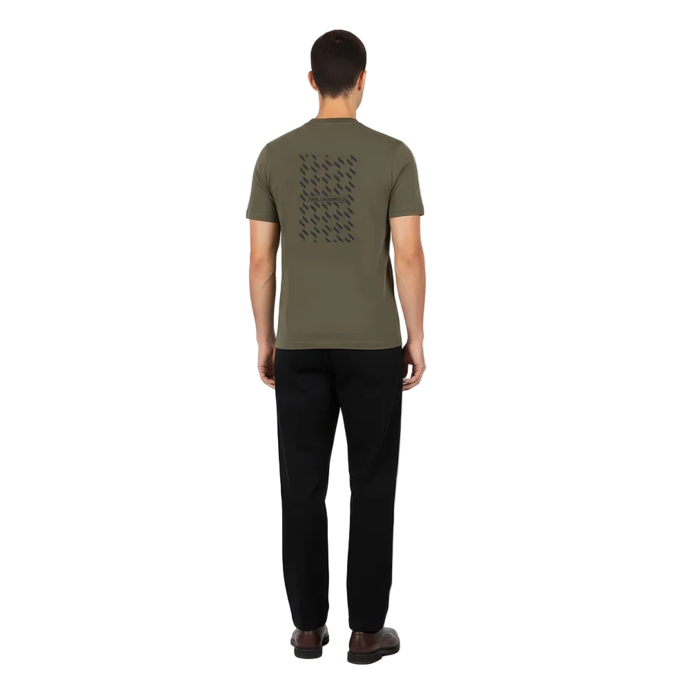 Karl Lagerfeld olive green regular fit men's T-shirt with crew neck and signature chest logo, premium designer casual wear.