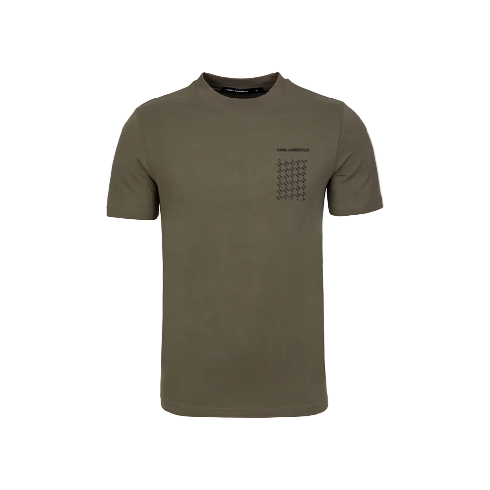 Karl Lagerfeld olive green regular fit men's T-shirt with crew neck and signature chest logo, premium designer casual wear.