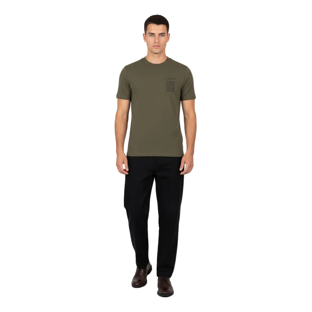 Karl Lagerfeld olive green regular fit men's T-shirt with crew neck and signature chest logo, premium designer casual wear.