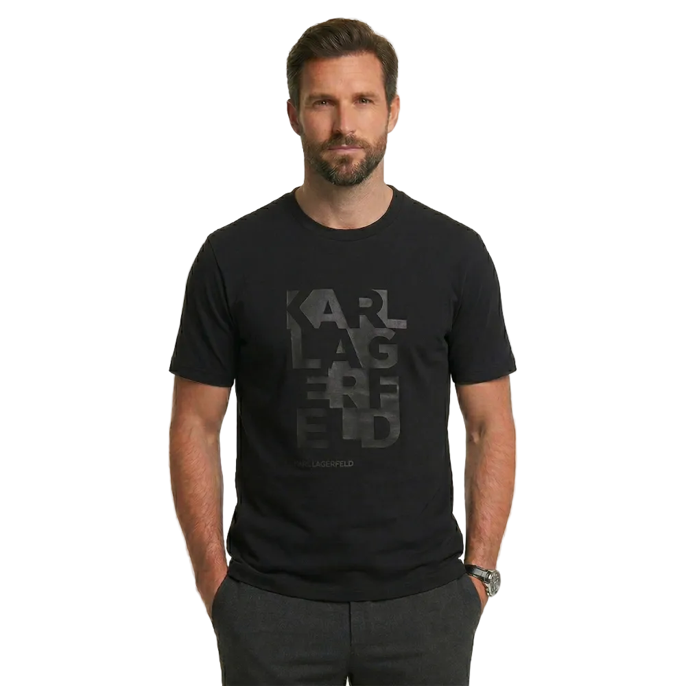 Karl Lagerfeld Men's Black Crew Neck T-Shirt with Oversized Tonal KARL LAGERFELD Logo Motif