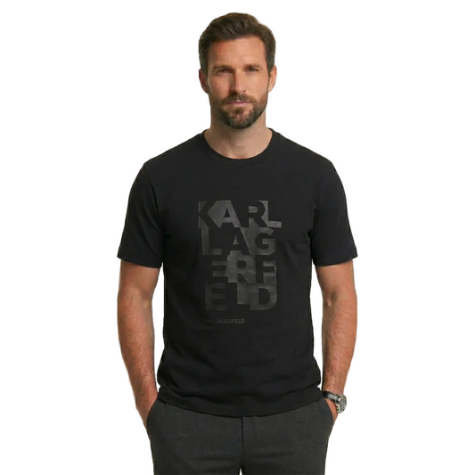 Karl Lagerfeld Men's Black Crew Neck T-Shirt with Oversized Tonal KARL LAGERFELD Logo Motif