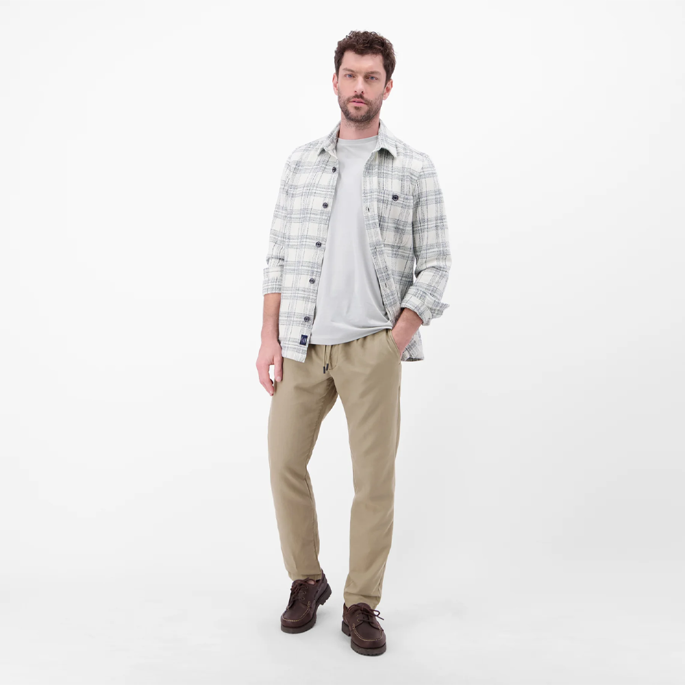 Man wearing beige Lerros lightweight chinos with drawstring waist and pleated front, front view studio photo, available at Kayagan