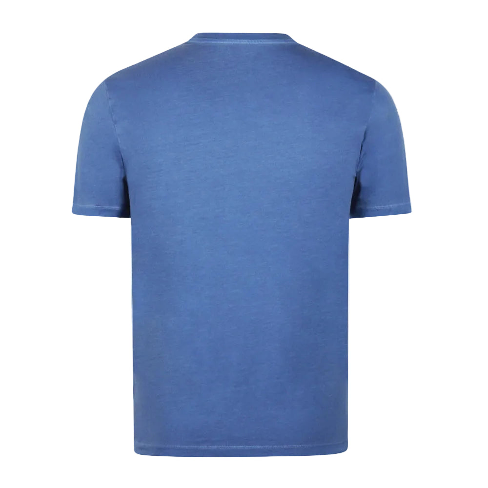 Front view of a McGregor men's garment dyed crew neck T-shirt in vintage blue with short sleeves and embroidered chest logo on a white background.