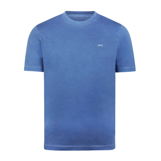 Front view of a McGregor men's garment dyed crew neck T-shirt in vintage blue with short sleeves and embroidered chest logo on a white background.