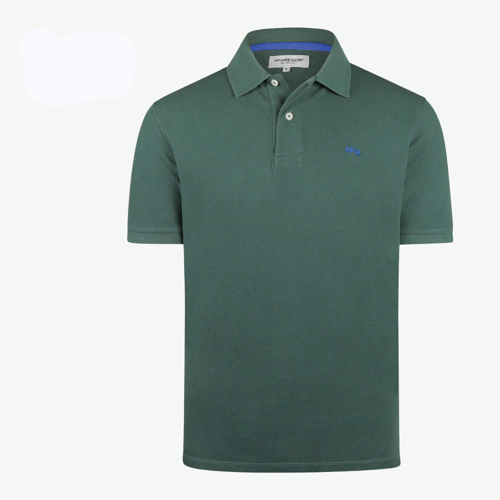 Model wearing a McGregor men's classic regular fit dark green polo shirt with a ribbed collar and short sleeves on a white background.