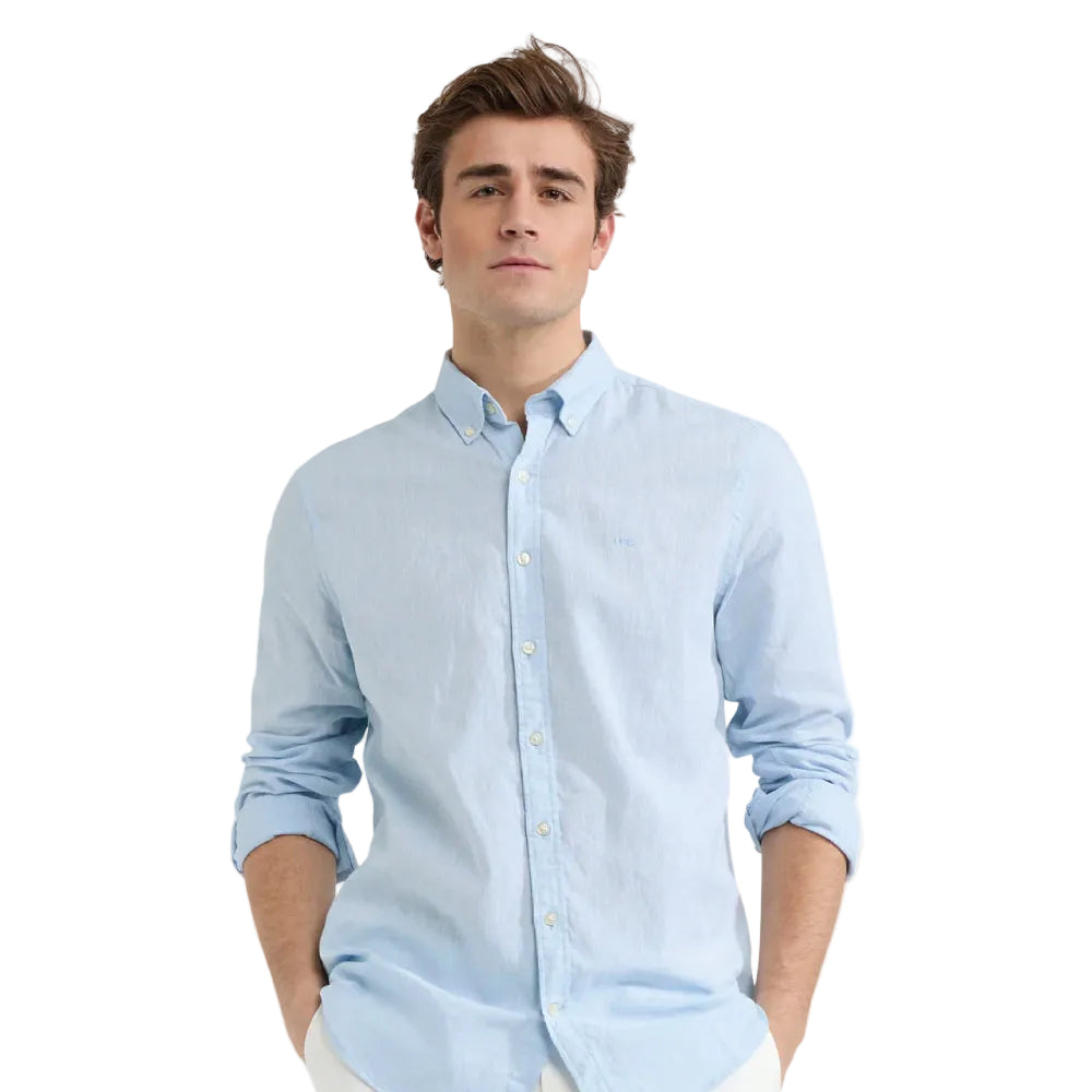 Model wearing a McGregor men's light blue linen cotton button-down shirt with long sleeves and a classic collar on a white background.