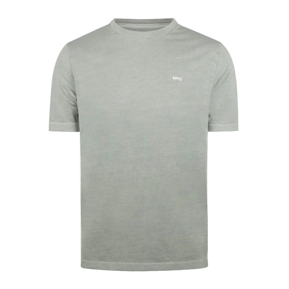 Front view of a McGregor men's garment dyed crew neck T-shirt in ice green with short sleeves and embroidered chest logo on a white background.