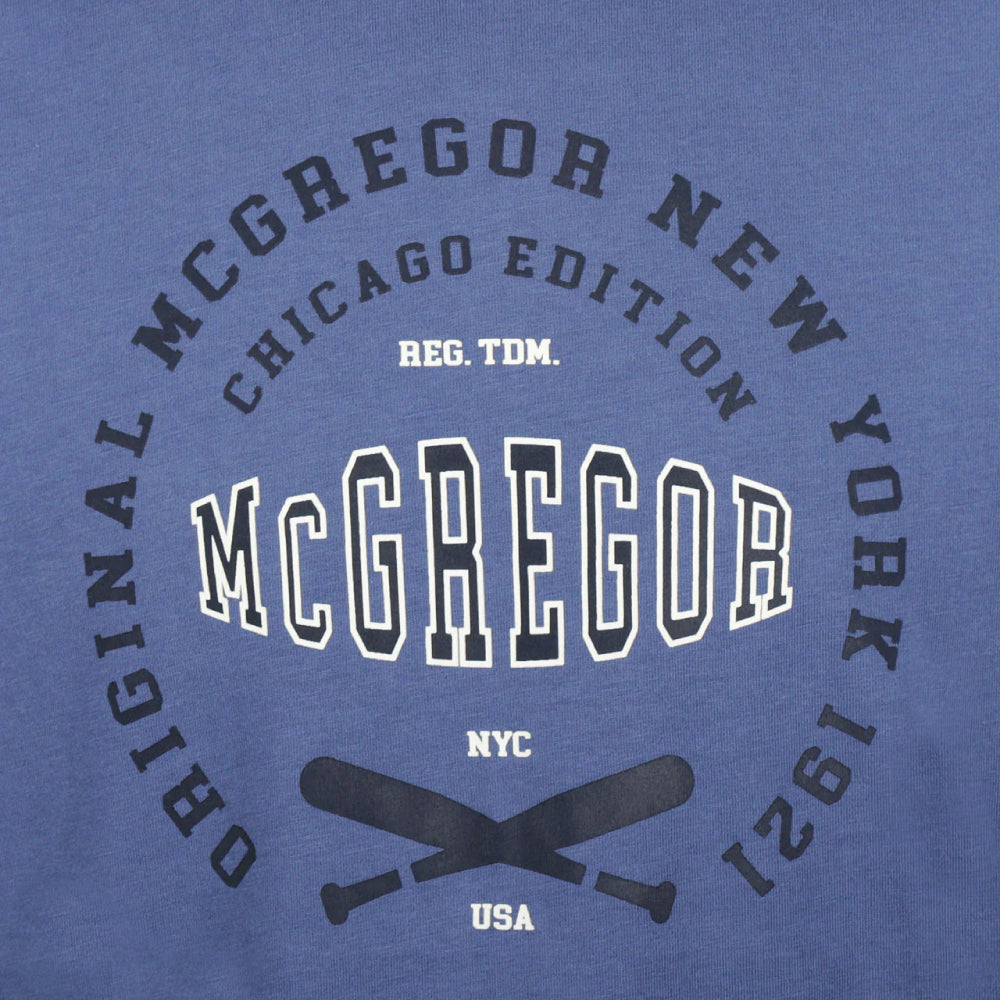  McGregor men's blue Original Print crew neck T-shirt with a vintage logo graphic and short sleeves.