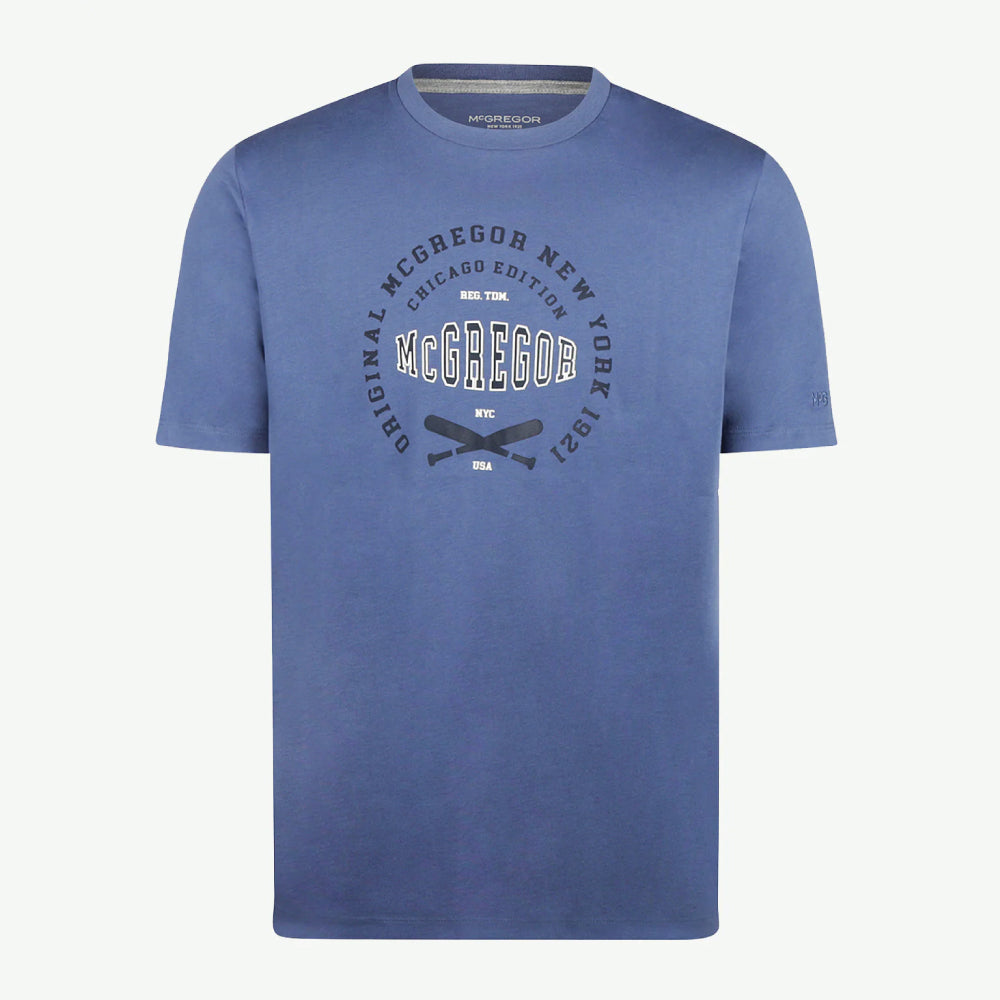McGregor men's blue Original Print crew neck T-shirt with a vintage logo graphic and short sleeves