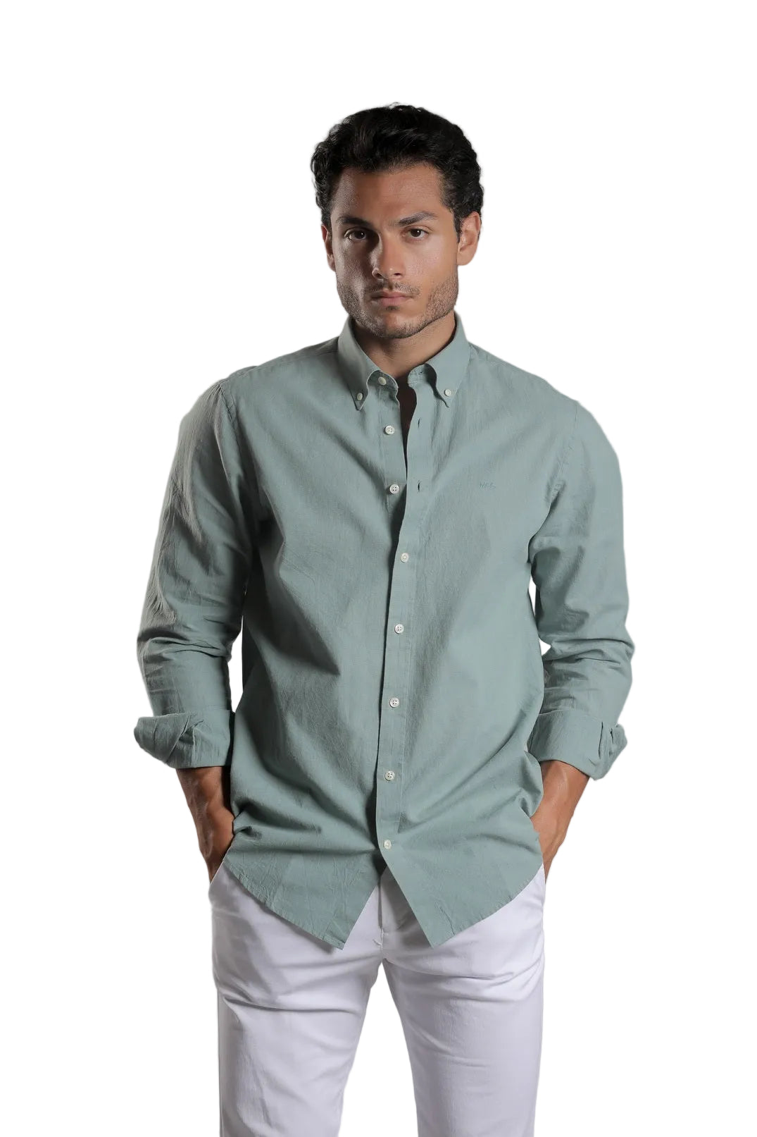 McGregor men's dark green cotton linen regular-fit button-down shirt with long sleeves, available online at Kayagan Lebanon.