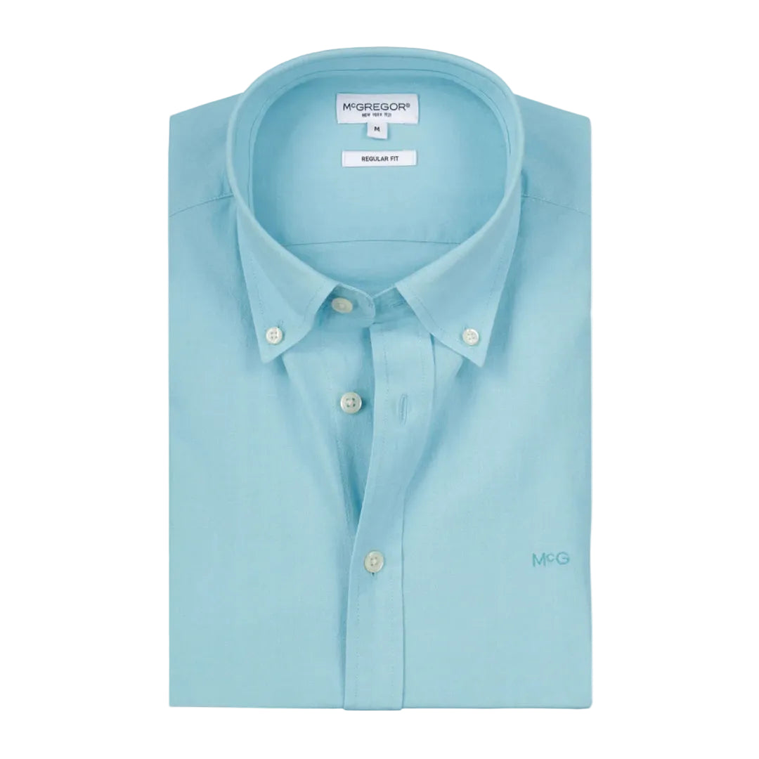 McGregor men's Sea Blue cotton linen regular-fit button-down shirt with long sleeves, available online at Kayagan Lebanon.