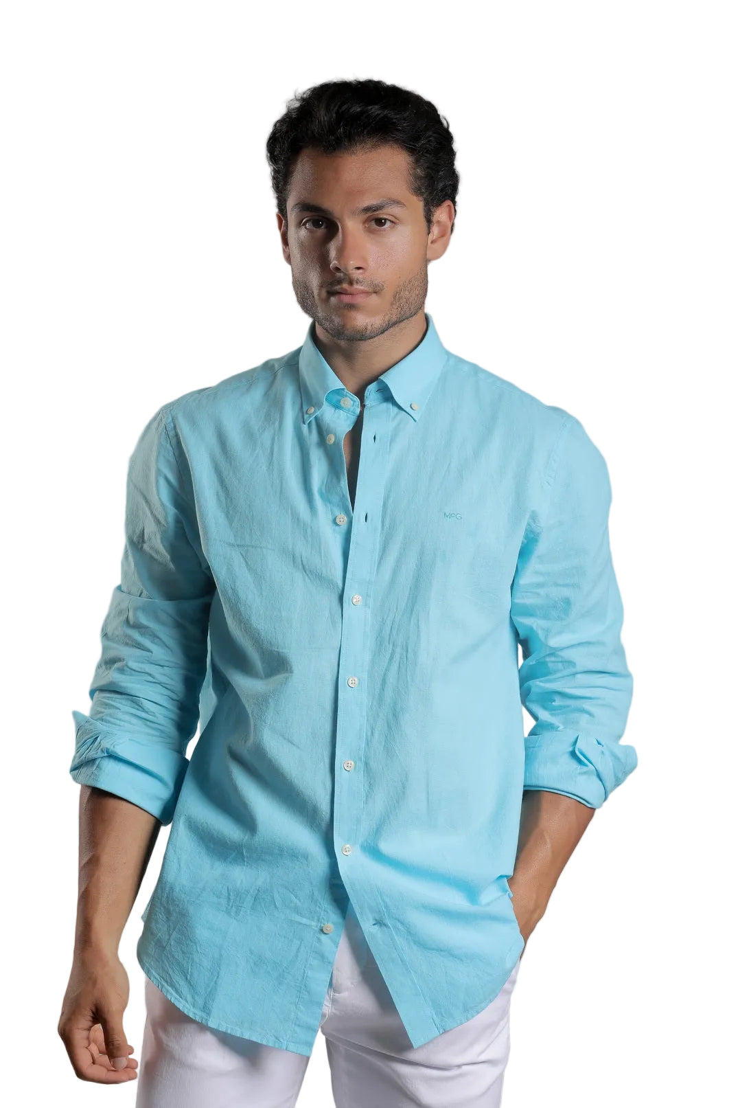McGregor men's Sea Blue cotton linen regular-fit button-down shirt with long sleeves, available online at Kayagan Lebanon.