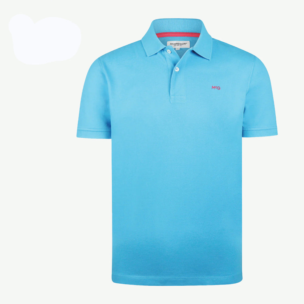 Man wearing a McGregor men's classic regular fit Sea blue polo shirt with a ribbed collar and short sleeves on a white background.
