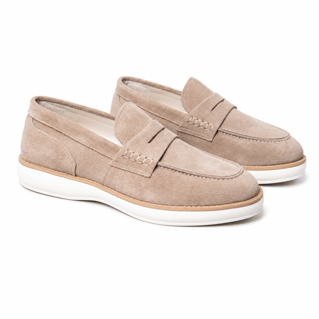 Pedro beige penny loafers with a soft suede-look finish, sleek slip-on design, and cushioned comfort for formal and smart-casual styling, Kayagan online