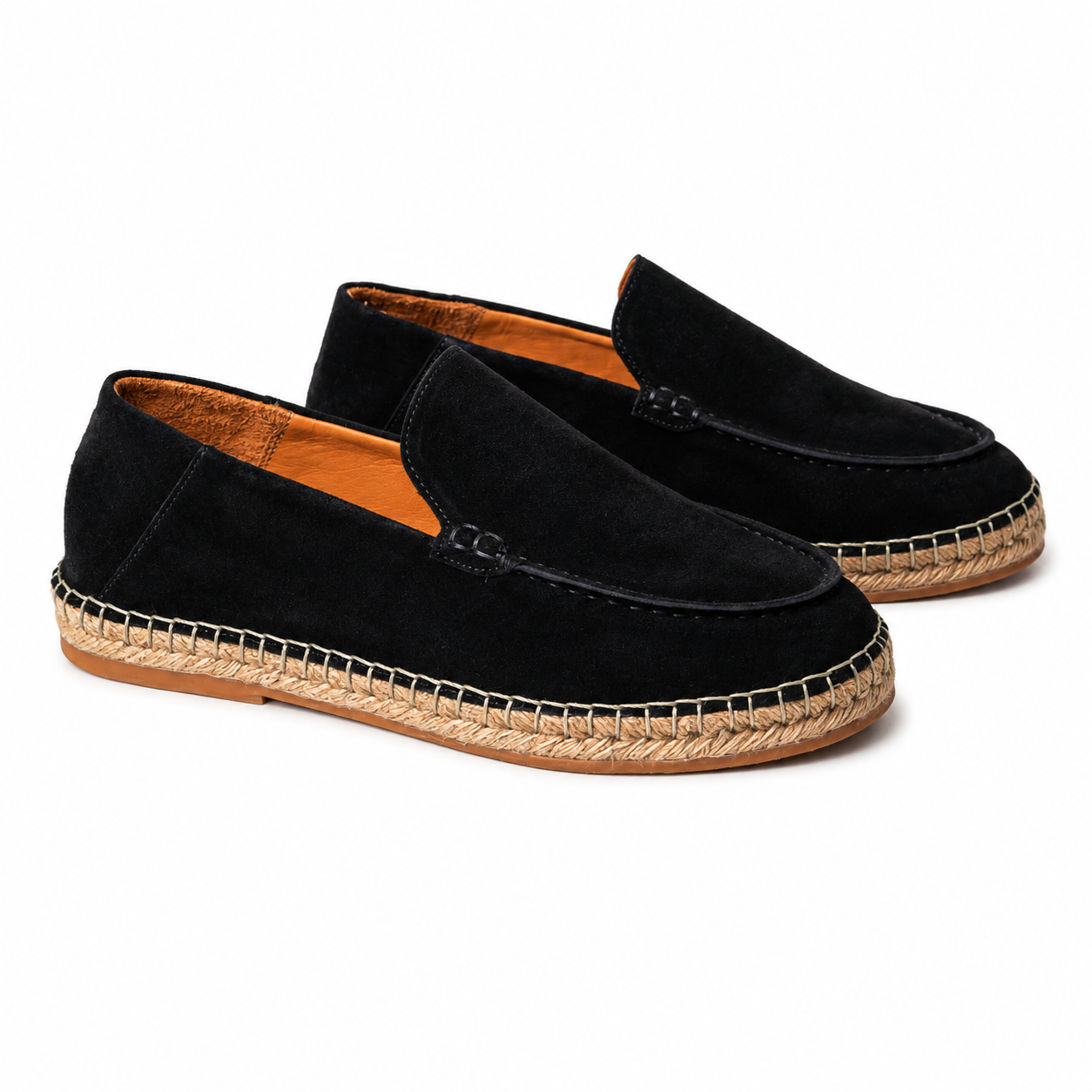 Pair of Pedro men's black suede slip-on loafers featuring a woven jute espadrille midsole and contrast stitching, Kayagan online 