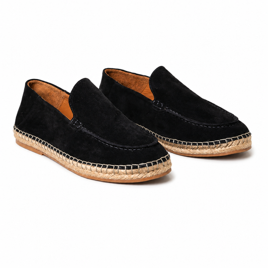 Pair of Pedro men's black suede slip-on loafers featuring a woven jute espadrille midsole and contrast stitching, Kayagan online 