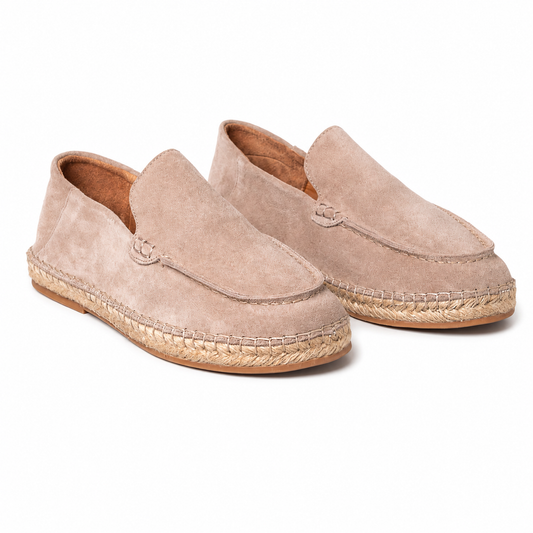 Pair of Pedro men's salmon/ wet sand suede slip-on loafers featuring a woven jute espadrille midsole and contrast stitching, Kayagan online 