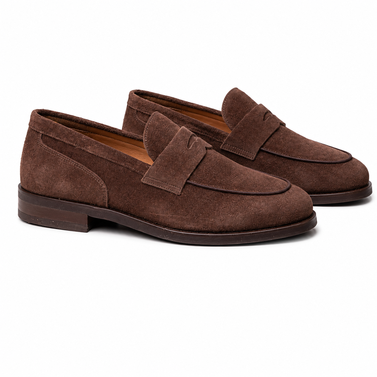 Pair of Pedro brown suede penny loafers with classic strap detail, side angle view, Kayagan Lebanon
