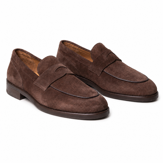 Pair of Pedro brown suede penny loafers with classic strap detail, side angle view, Kayagan Lebanon
