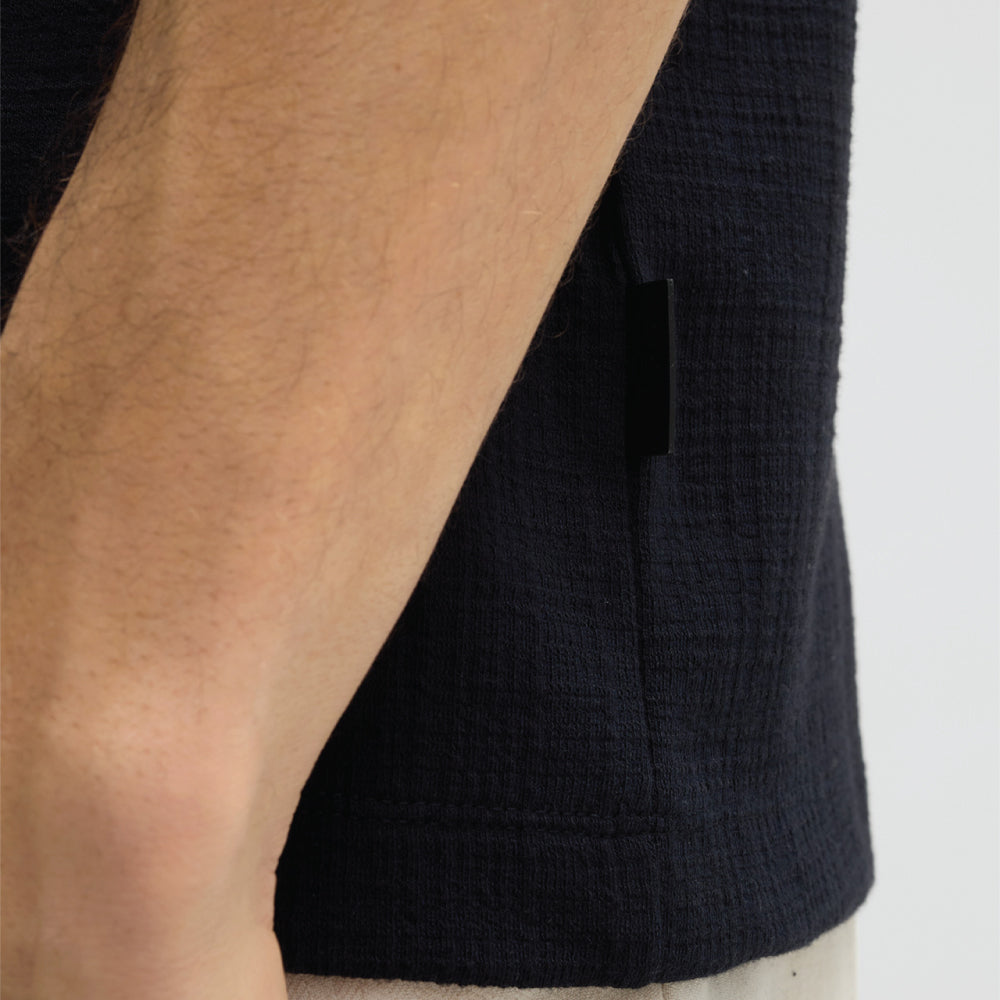 Man wearing Strellson Filip Jersey Shirt in black with camp collar and button front, Kayagan
