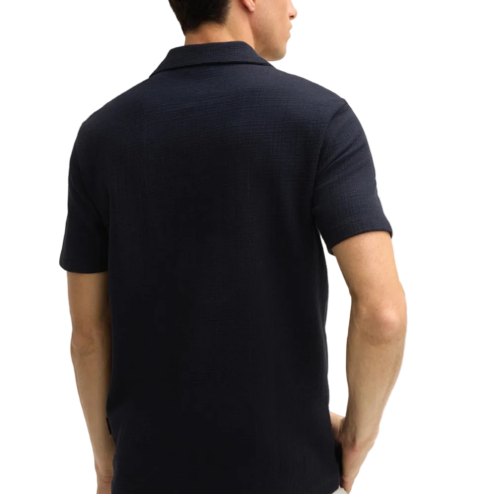 Man wearing Strellson Filip Jersey Shirt in black with camp collar and button front, Kayagan