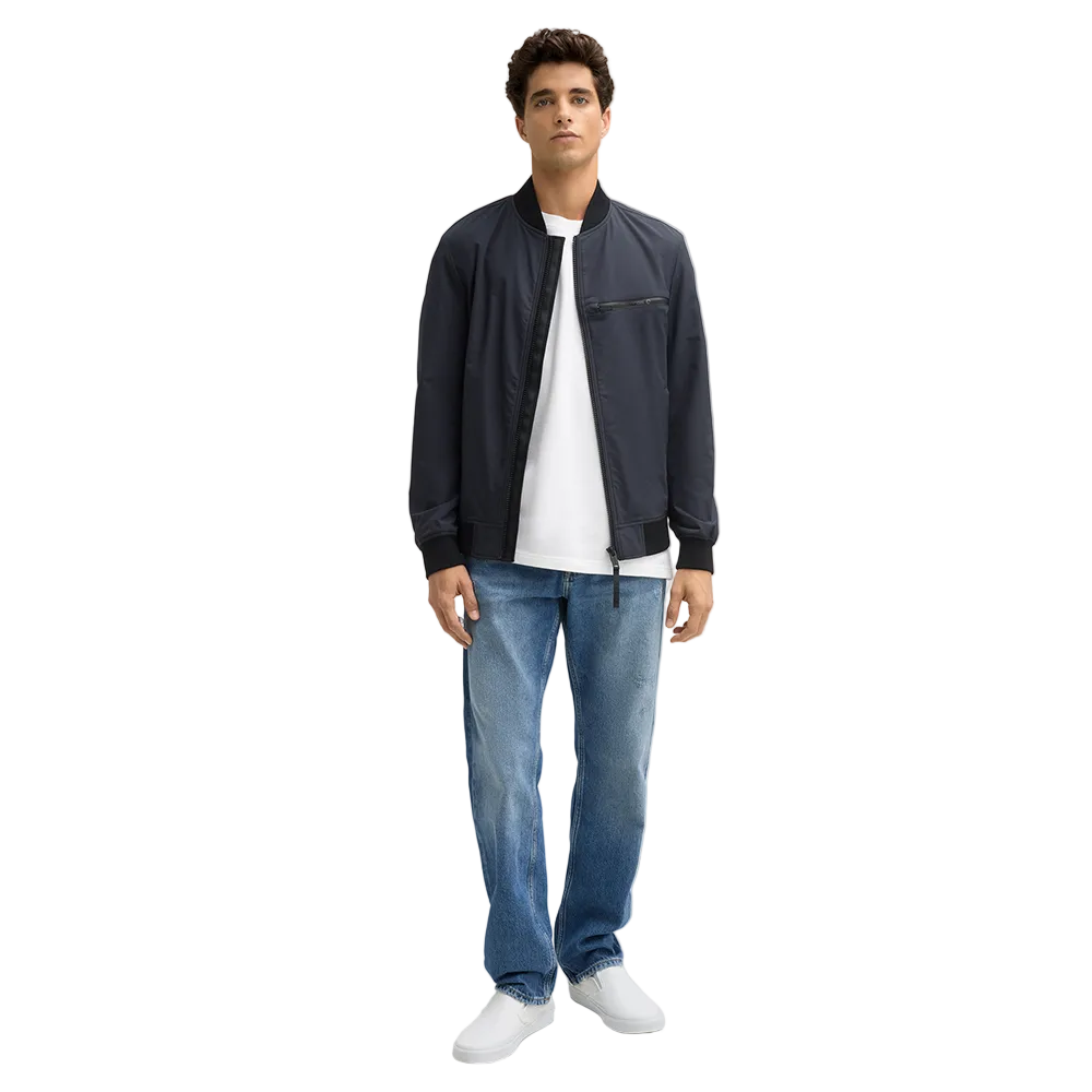 Man wearing Strellson Flex Cross Clearwater Bomber Jacket in navy with ribbed collar and zip front, Kayagan online