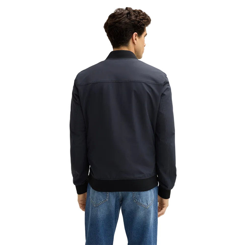 Man wearing Strellson Flex Cross Clearwater Bomber Jacket in navy with ribbed collar and zip front, Kayagan online