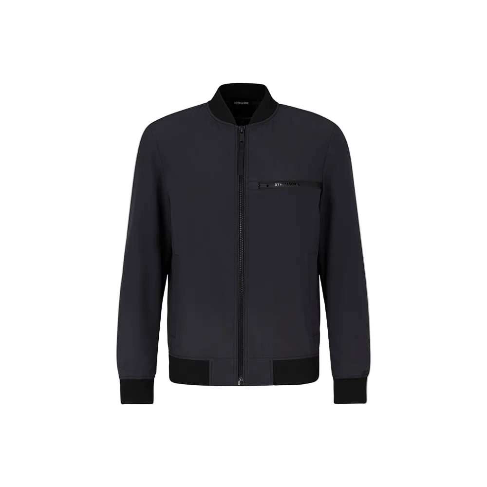 Man wearing Strellson Flex Cross Clearwater Bomber Jacket in navy with ribbed collar and zip front, Kayagan online