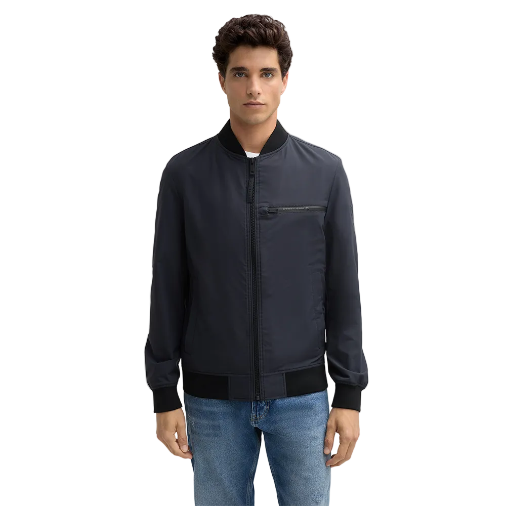 Man wearing Strellson Flex Cross Clearwater Bomber Jacket in navy with ribbed collar and zip front, Kayagan online