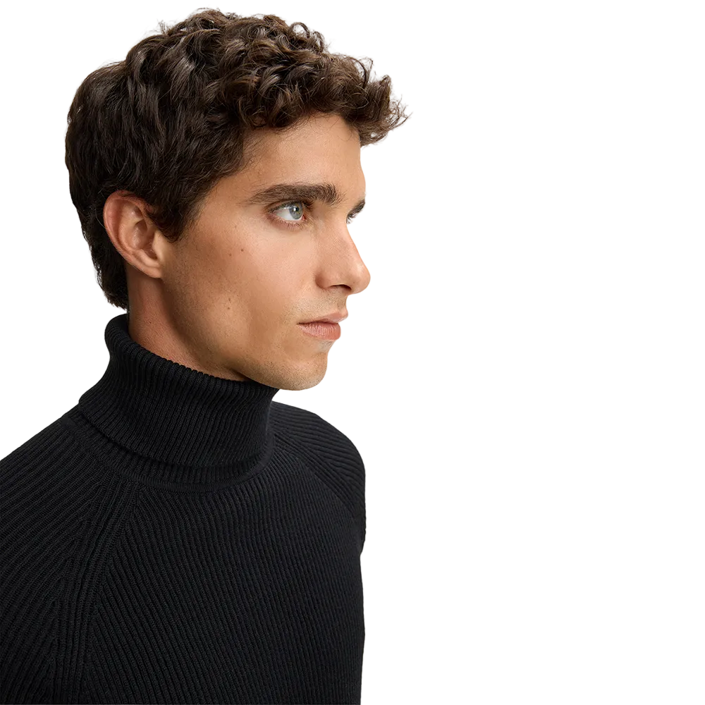 Man wearing Strellson Hamilton Roll Neck Jumper in black color, turtleneck sweater, ribbed knit, available at Kayagan
