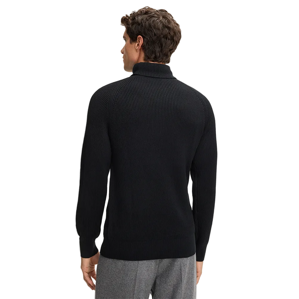 Man wearing Strellson Hamilton Roll Neck Jumper in black color, turtleneck sweater, ribbed knit, available at Kayagan