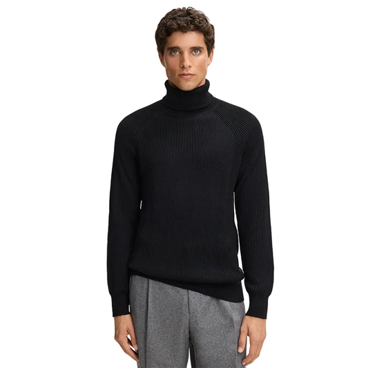 Man wearing Strellson Hamilton Roll Neck Jumper in black color, turtleneck sweater, ribbed knit, available at Kayagan